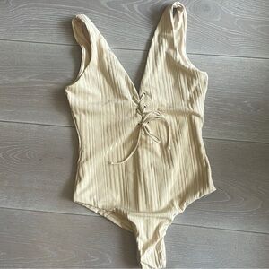 Cream Ribbed Lace-Up One -Piece Swimsuit